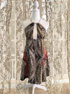 Vintage Y2K 100% Silk Boho Fairycore Halter Top Dress with Lacey Trim